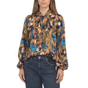 TAHARI ASL Ginger Sapphire Tie Neck Leopard Pattern Blouse